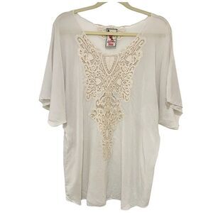 Johnny Was Off White Chalk Short Sleeve Dolman Sleeve Crochet Appliqué Front S